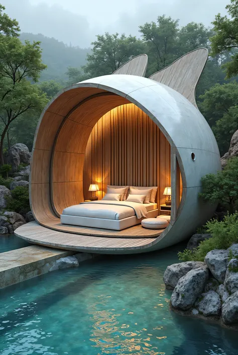 A simple yet luxurious 3D design of a sweet room in a resort, shaped like a fish, with a well-planned landscape exclusively on the ground floor.