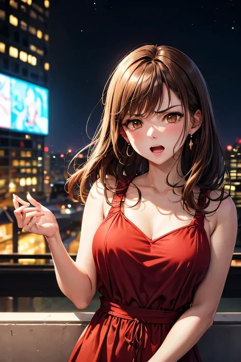 masterpiece, high quality, female, thirties, elegant, natural beauty,chestnut-colour medium length hair, soft lighting,((( brown eyes))), Bordeaux dress,diamond earrings,high-rise bar,city skyline glows behind,open mouth,(((night))),annoyed expression