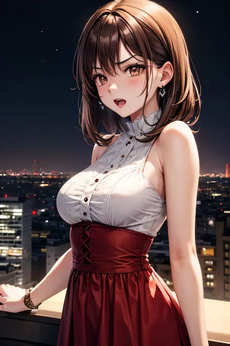 masterpiece, high quality, female, thirties, elegant, natural beauty,chestnut-colour medium length hair, soft lighting,((( brown eyes))), Bordeaux dress,diamond earrings,high-rise bar,city skyline glows behind,open mouth,(((night))),annoyed expression