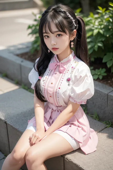 (cute young korean girl:1.3), (short, thin body:1.2), (shy expression), (full body, cute sitting pose), (long wavy black and silver hair, pigtails hairstyle)), bangs, embroidery, black eyeliner, pink lipstick, pink blush, black eyeshadow, earrings, (cute h...