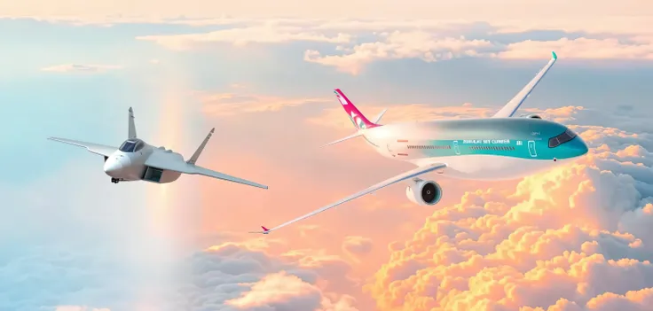 A highly detailed and realistic photograph of an Airbus A320 passenger jet and a smaller Dassault Rafale fighter jet, the Rafale being proportionally smaller than the Airbus to reflect their real-world size difference, clear blue sky with soft clouds in th...