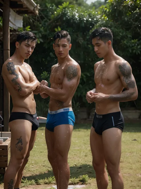 Four tattooed Thai male boxers wearing blue black briefs are taking a shower, rubbing soap to caress their bodies in the middle of the field in a fun way.