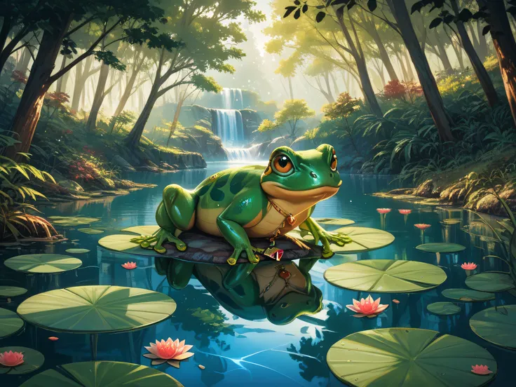  stained glass style、golden frog、Swamp in the forest、On a lotus leaf 、Big frog in the middle