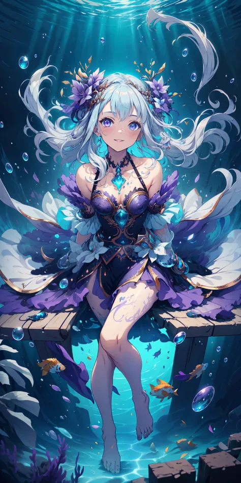 [(Transparent background:1.5)::5],(((masterpiece))),(((best quality))),(((extremely detailed))),illustration, 1girl,solo,mysterious,vivid color,shiny, underwater transparent sealed hemispherical glass dome, (white hair),(purple eyes), full body,barefoot,lo...