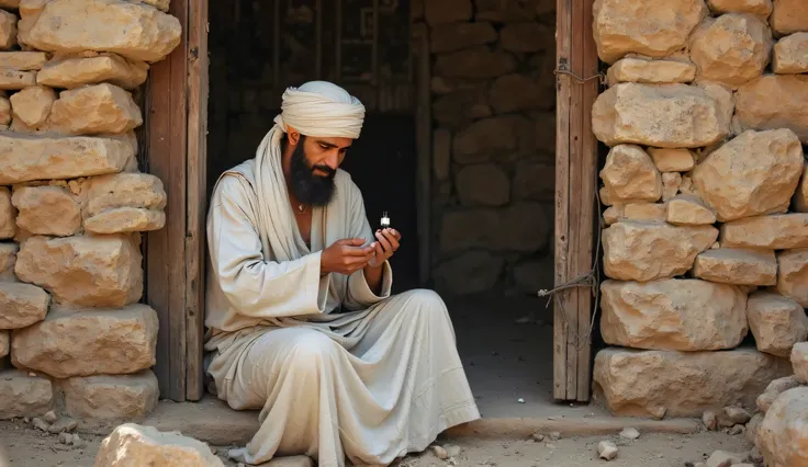 
"A man, dressed in worn, tattered arabic white robes, sits inside a dilapidated stone house, applying perfume from a small bottle. The house, made of rough-hewn stones, appears old and worn, reflecting a sense of simplicity and humility.