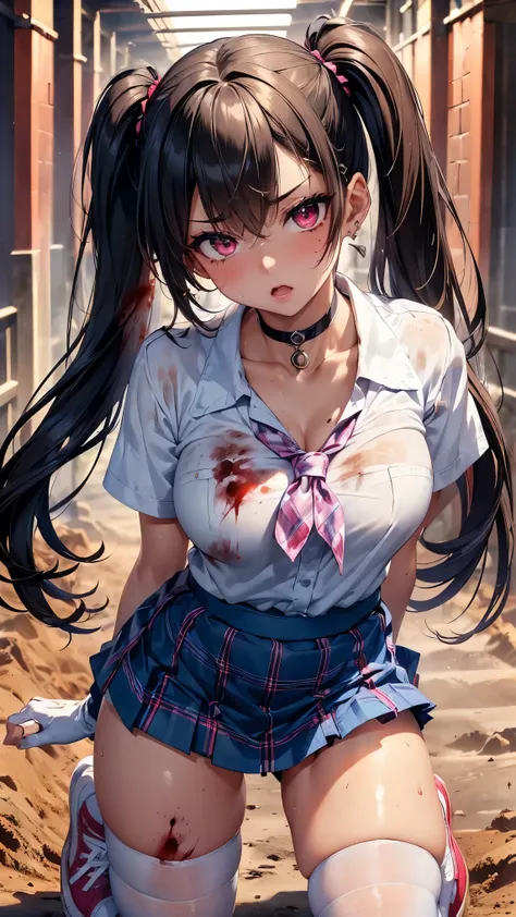 ((Ultra High Definition:1.5))，((Highest quality:1.5))，((detail face ))，pixel perfect， Very Beautiful and Cute Girl  ，18 years old，JK，big breasts，break((rainbow long twin tails，very beautiful pink eyes))，((White blouse uniform，blue tartan check micro mini s...