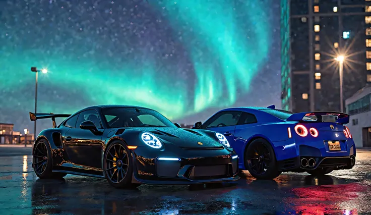 Porsche 911 black and Nissan GTR blue parked nearby, Auroras cars around the cars at night, building next to the