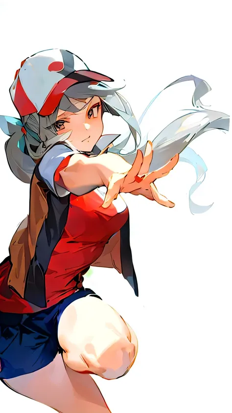 masterpiece, a close up ciematic, a pokemon women with red and white cap, silver hair with pony tail, red t shirt and brown jacket, short pant