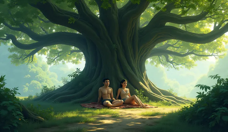 The protagonists rest beneath a massive, centuries-old banyan tree with sprawling roots. The dappled sunlight and gentle breeze create a peaceful moment of reflection in the heart of nature.