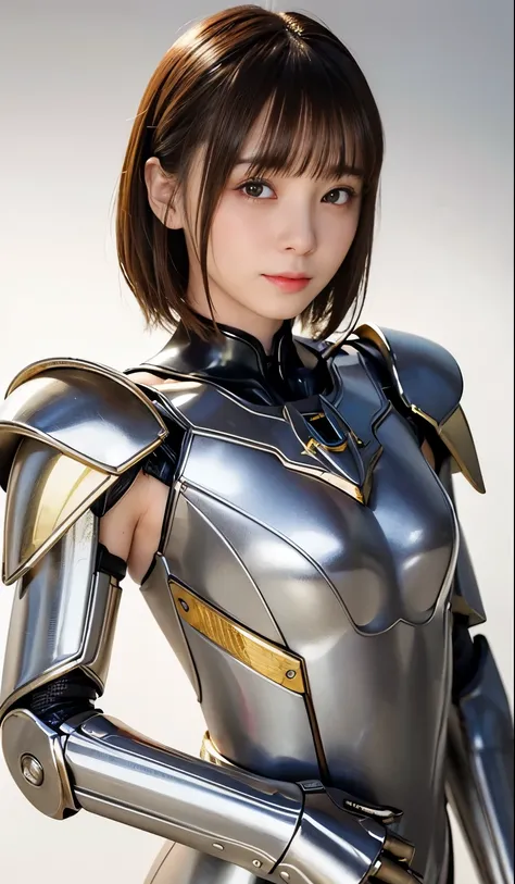 top-quality、​masterpiece、超A high resolution、(Photorealsitic:1.4)、Raw photo、女の子1人、Golden hair、glowy skin、(((1 Mechanical Girl)))、With a beautiful knife、（Silver Metal Bodysuit）、(Medieval European city background)、(Small LED)、((super realistic details))、portl...