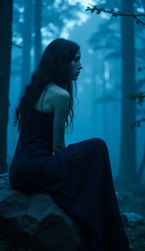 A full body side shot of a woman with dark wavy hair, ((very pale skin)), sitting on a rock in the forest, cinematic shot, portrait, close up, thick mist, ((((deep dark sapphire blue color)))), at night, darkness, shadow, masterpiece, digitalart, painting,...
