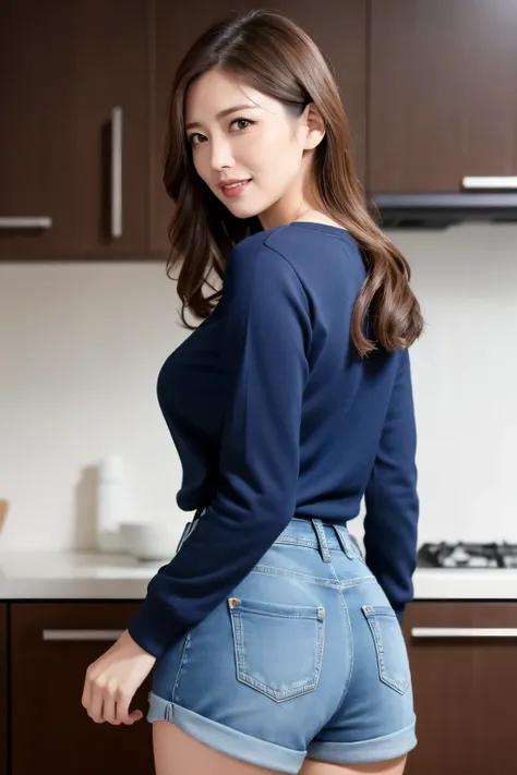 ( Top Quality、 table top、8k、 Max Image Quality、  Award-winning work  )、(1. Mature 50 year old woman:1.1)、(Simple Long Sleeve Sweatshirt:1.1)、(tight denim shorts that make you look forward to:1.1)、accentuates body line、big breasts、Rear View、私に振りかえる、(big ass...