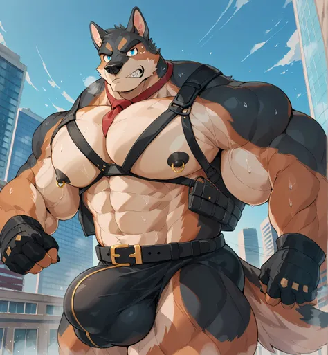 kemono, bara, solo, furry, Barlitz, tail, dog, red necktie, bedroom eyes, blue eyes, huge black nipples, golden nipple rings, broad shoulders, huge black loincloth, posing, running towards viewer, huge penis bulge in black loincloth, black fingerless glove...