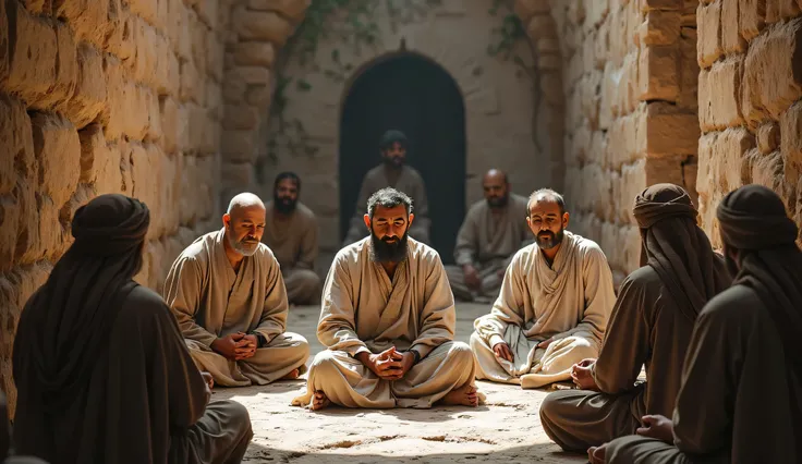  Inside a small, ancient, crumbling stone mosque, many people dressed in worn, traditional Arabic attire sit in prayer posture, while a man leads them in prayer