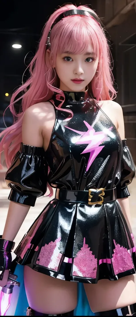  Flashy Idol Girl 、A pure girl's face、 hypo、、Black Sequin Mini Dress、Fluorescent Pink Armor Jacket、Glowing Shiny Sword、Candy Belt