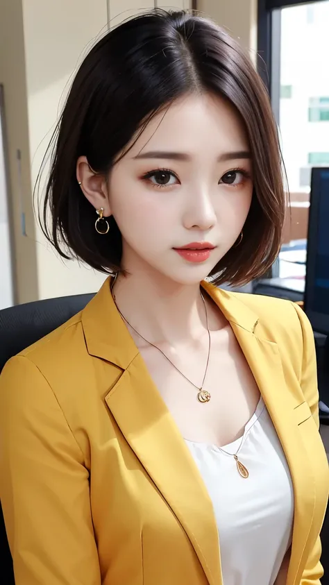 RAW Photos, High resolution, Very detailed, Intricate details, 、ear piercing、、short hair、  black hair、、 DARK EYESHADOW 、 Office Lady Suits 、 jacket、 shirt、Necklace around the neck、, The background is the office
