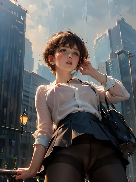 (((round face))), ((blush, drooping eyes)), ((stylish glasses, eccentric pose, pubic hair and (dark pantyhose))), one woman, ((transparent) white summer shirt and nipples), uniform, school bag, short hair, in the park, skyscrapers, ((styled old oil paintin...