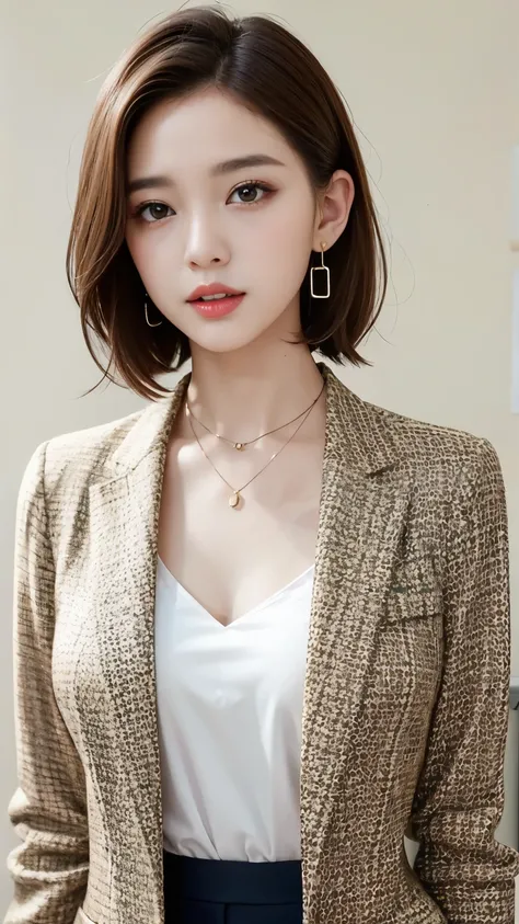 RAW Photos, High resolution, Very detailed, Intricate details, 、ear piercing、、short hair、  pale brown hair、、 DARK EYESHADOW 、 Office Lady Suits 、 jacket、 shirt、Necklace around the neck、, The background is the office

