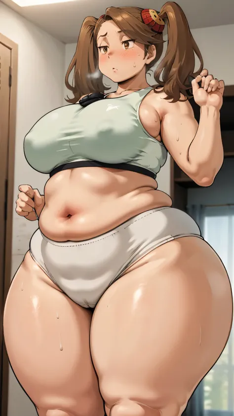 Woman wearing a high-waisted white bloomer (( from before )),brown hair,light brown eyes,twin tails,Thick bones,  medium hair,curvy body(( from before)),  blushed, Captivating appearance(()),  smooth thick thighs  ,chubby!!,sweat,vapor,  wide torso  , wear...