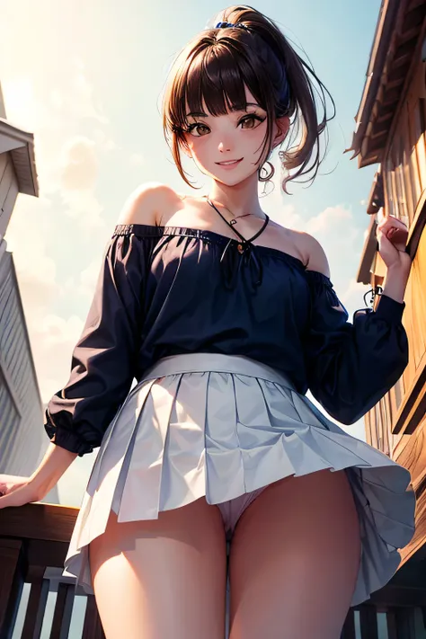 masterpiece, high quality, female, thirties,(elegant), natural beauty,(((blunt bangs)))) navy blue ponytail hair, soft lighting,((( brown eyes))), smile,white off-shoulder blouse, a light blue flared skirt,luxurious white yacht,harbor,Standing ,morning,(pa...