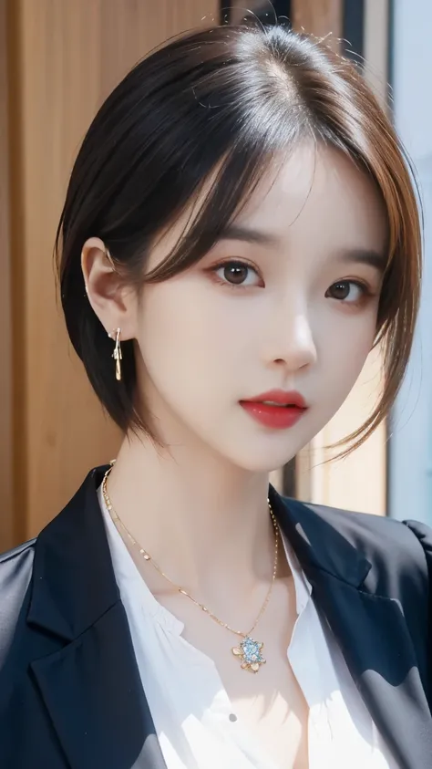 RAW Photos, High resolution, Very detailed, Intricate details, 、ear piercing、、short hair、 、 pale brown hair、、 DARK EYESHADOW 、 Office Lady Suits 、 jacket、 shirt、Necklace around the neck、, The background is the office

