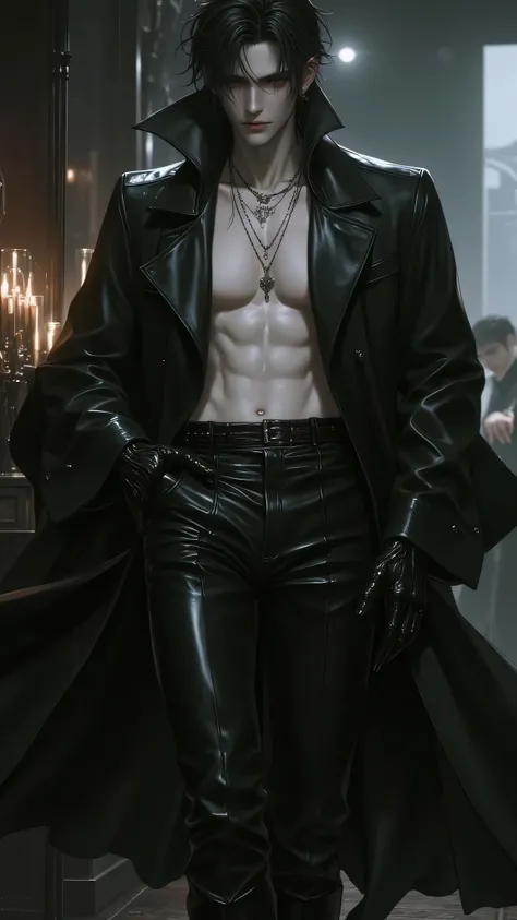  Final fantasy style and real graphics , (( Japanese young sweet and cool ikemen boy )), he is about 20 years old ,  thin eyebrows and small eyes ,  ((he is without outerwear )),  (( tight black leather pants )),  (( put black leather thick and thin gloves...