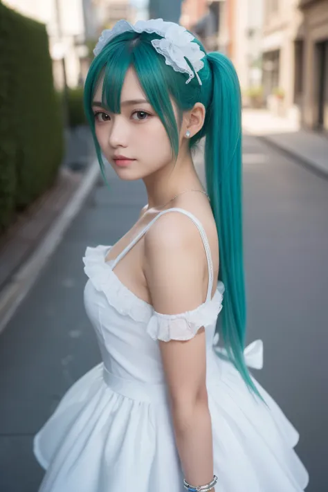 1girl,loli,(best quality,absolutely resolution,ultra detailed,masterpiece),(photo realistic),8K,(detailed face),delicate realistic skin texture,(Shining eyes),Hatsune Miku,aqua hair,twintails,very long hair,hair ornament,hairpin,hairclip,bracelet,white ski...