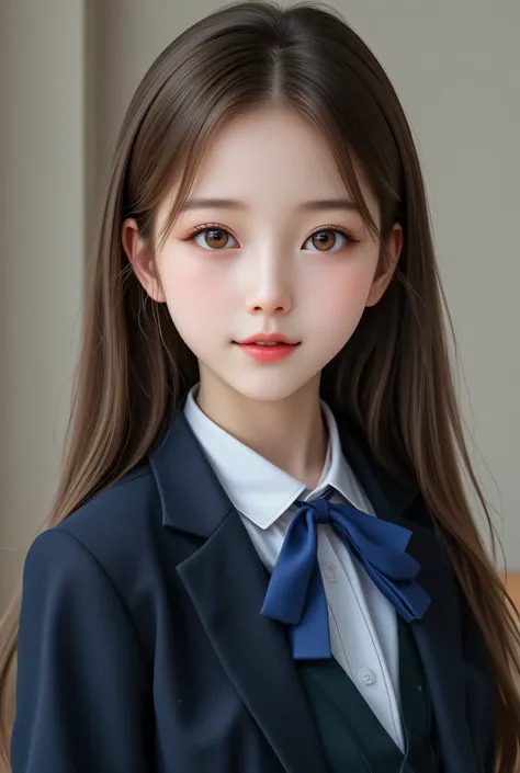 (super cute young face),
(full body shot:1.5),
(sparkling clear attractive large glowing eyes), (japanese idol face),very beautiful cute girl,(baby face),see-through bangs,(dark blue blazer:1.1),white school blouse,(blue neck thin bow tie:1),(dark green pl...