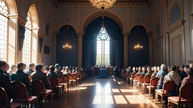 In a Japanese anime-style illustration, within a medieval French castle, knights and nobles gathered in a soaring hall. The hall was predominantly blue, adorned with opulent decorations and exquisite tapestries. Sunlight streamed in through the side window...