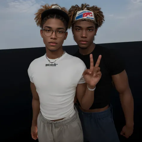 TWO HYPER REALISTIC MEN standing next to each other with their hands up, in style of tyler mitchell, ( ( dark skin ) ), photo in style of tyler mitchell, clouds in the background, two young men, older brother vibes, younger brother vibes, realistic face de...