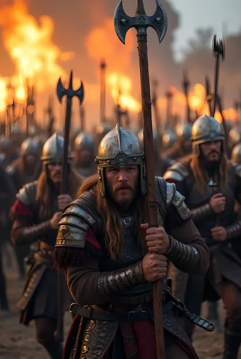 **Prompt:** Create an intricately detailed landscape scene of a Viking raiders tribe army charge during the medieval age, showcasing hyper-realism and a symmetrical composition. Capture the scene from an ultra-wide angle to immerse the viewer in this burni...