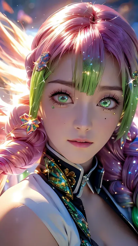 A beautiful,1girl,realistic mitsuri,demon slayer,flower hashira,with green and pink hair,beautiful detailed eyes,beautiful detailed lips,extremely detailed face,long eyelashes,intricate details,photorealistic,8k,high quality,masterpiece,professional 3d ren...