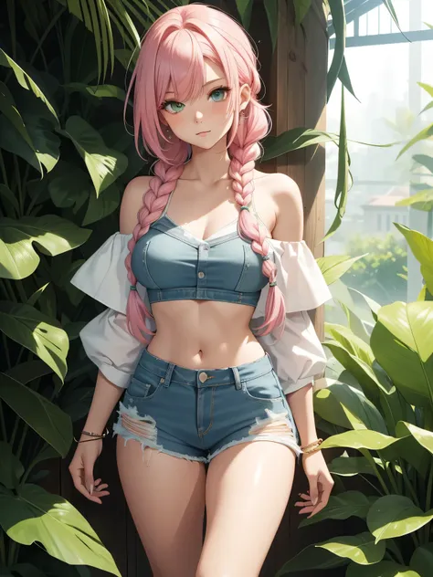 （（Best quality at best，8K，tmasterpiece：1.4））， with pink hair，Long braid on one side， allure，（ Bare lower chest，Plain white off-the-shoulder extra-short top），Colossal ， shiny skins，tight ripped denim shorts， green-eyed