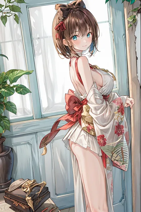 masterpiece,1 girl,  sparrow ,  Brown Haired Girl, wearing a japanese  samurai kimono,  The antic of , Halterbra, red skirt, slender body, small breasts, She closed her left eye, Shirt ornament , Lolippai ,  attractive look, beautiful breasts, Round Breast...