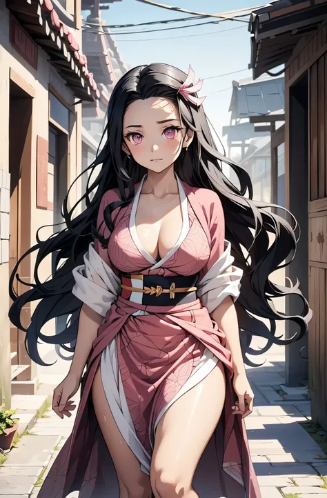 Create a highly detailed, full-body image of **Nezuko Kamado** from **Demon Slayer**, wearing a stylish and elegant **bikini** that enhances her graceful and feminine form. **Nezuko** stands confidently, her **dark black hair** flowing down her back, long ...