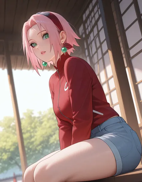 (masterpiece), (portrait), medium breasts (aesthetics), ((1 female 21 years old)), Highlight earrings), ((short hair)), ((Hot crystal pink hair, parted bangs)), ((Sakura Haruno)) straight hair, thin eyes open, green eyes, cute, naughty, lips parted pink,, ...