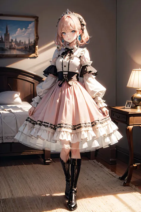 (Highest quality,4K,High Resolution,masterpiece:1.2),very well detailed,realistic:1.37,,、(( pink dress )), ultra-realistic photo of a girl in a stately light pink and gold ballroom dress, Big beautiful dress, full of ruffles and rhinestones、intricate and ...