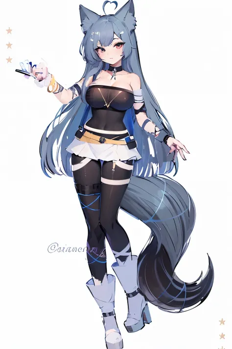 "Hand-drawn anime-style sketch of a full-body anthropomorphic [animal species] girl, elegant long hair, large fluffy tail, expressive anime eyes, stylish black choker and multiple bracelets, futuristic fantasy outfit, soft and dynamic pencil lines, no colo...