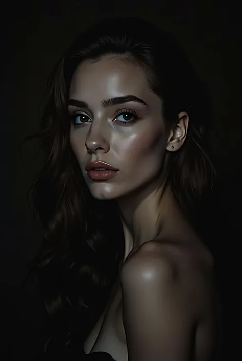 A dark aesthetic portrait of a beautiful woman with deep shadows and a mysterious expression. The woman should have fair skin, with the same defined nose, lips, and eyes as in the previous image. The lighting should be moody and high-contrast, giving a lux...