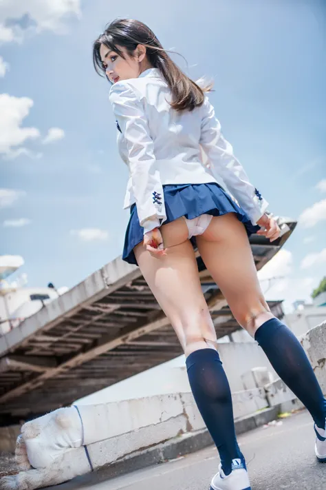 (((angle see from the feet))),Project from heel to butt, (( navy blue high socks)), ((Navy Micropleated Mini Skirt)),((super high definition white panties)),((Blue sky background)),upskirt,Under skirt,Peeking,Voyeur, Panchira,Lower body of female middle sc...