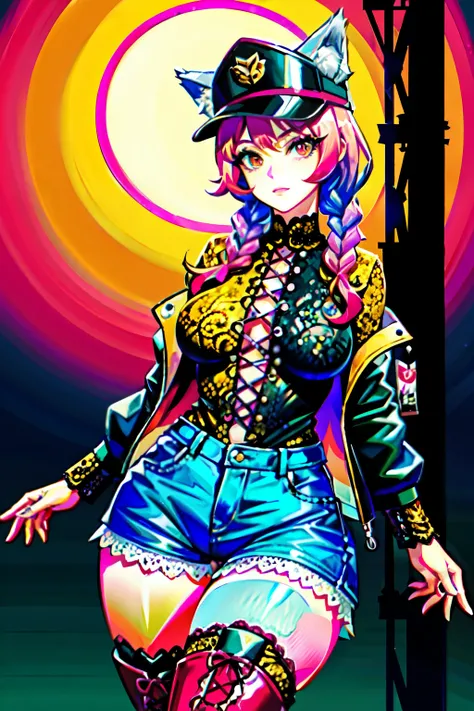 (best quality:2.0), (crisp:2.0), (highres:2.0), (((a rich yellow and pink gradient wolf tail:2.0))), anime, full body:2.0, (single image), (solo beautiful lady:2.0), (masterpiece:2.0), (detailed face:2.0), (detailed eyes:1.4), ((denim shorts:2.0)), ((thick...