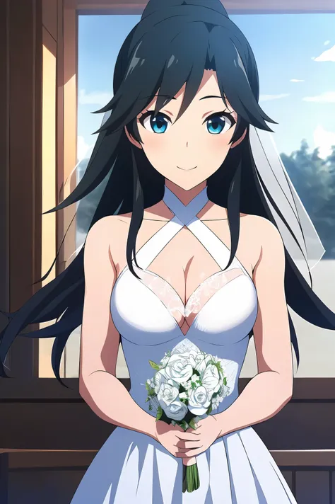 one girl, Kyouko_fujibayashi_irregular, (cowboy shot), blue eyes, black hair,bangs,Long hair,ponytail, small breasts, cleavage, (wedding dress), (shy:1.1), (blush), (smile), (I'm fascinated:1.1), (incoming kiss:1.2), ( wedding venue from the window), Beaut...