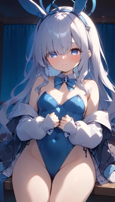 hair over eyes,blue eyes,white hair,long hair,ahoge, Blue Halo,headband,Alone,  showing eyebrows from inside the hair , hair between eyes,  embarrassing, blush, viewers, masterpiece, Highest quality, very aesthetic, thick thighs, bunnygirl　casino　 chandeli...