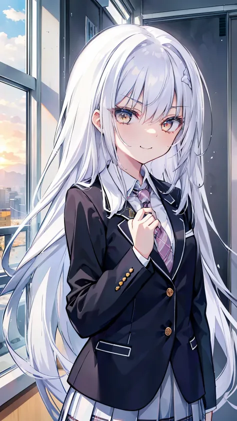 Highest quality、、(Whitening skin)、 Silver Hair、very long hair、bangs, Princess cut、Petite、slender、( school uniform,shirt,tie,plaid pleated skirt, blazer,),classroom,Smug face、sunset,Small breasts,赤い頬