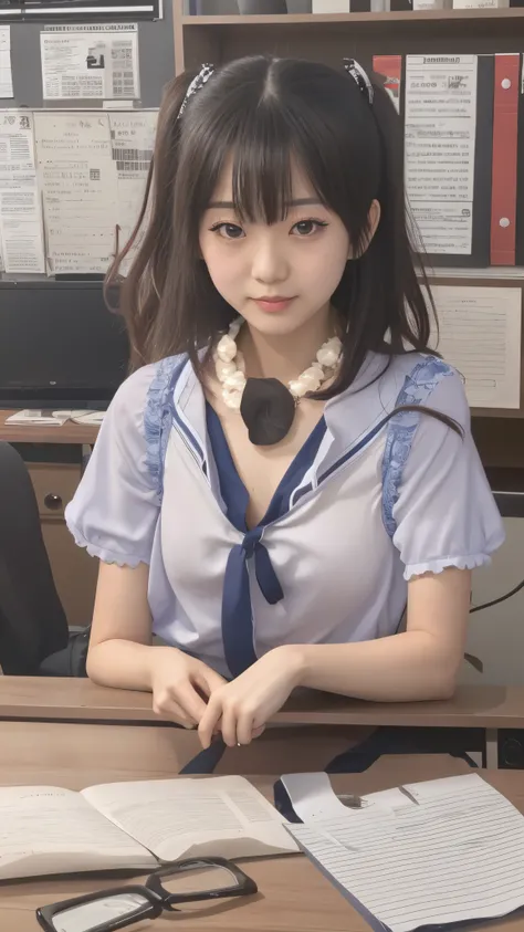 (Japanese girl wearing a loose costume) ,  down blouse that shifts the chest , thoracic,(((small breasts))),(slender) , ((flat chest )), (((( lean forward,  sign in at desk memo)))), ( mischievous smile), in classroom,((close-up)), ( from above:1.1), upper...