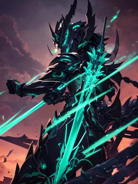 Demon, chain of darkness, Black green smoke, midnight jade cool cyborg, armor weapon, sci-fi looking armor, big sword, Demon, midnight jade armor's color, full armor no human part, bloody sword, not human, only armor, midnight jade color