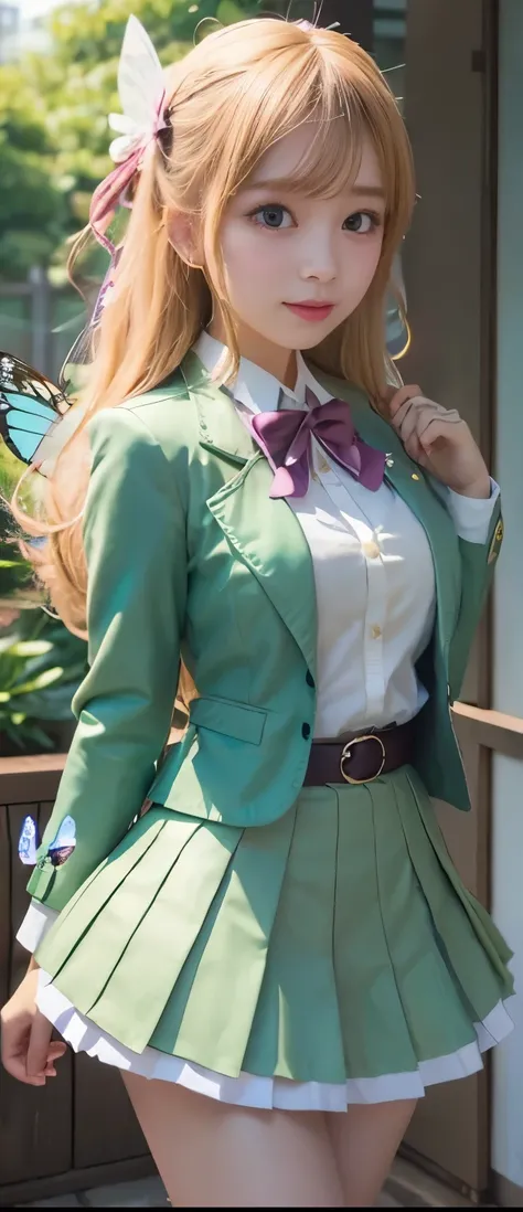 PURE IDOL FAIRY GIRL(elegant hair)、A pure girl's face、 hypo、、White Pleated Miniskirt Uniform、GREEN FAIRHENTIC JACKET、Glowing Windspear、butterfly garden、fairy belt