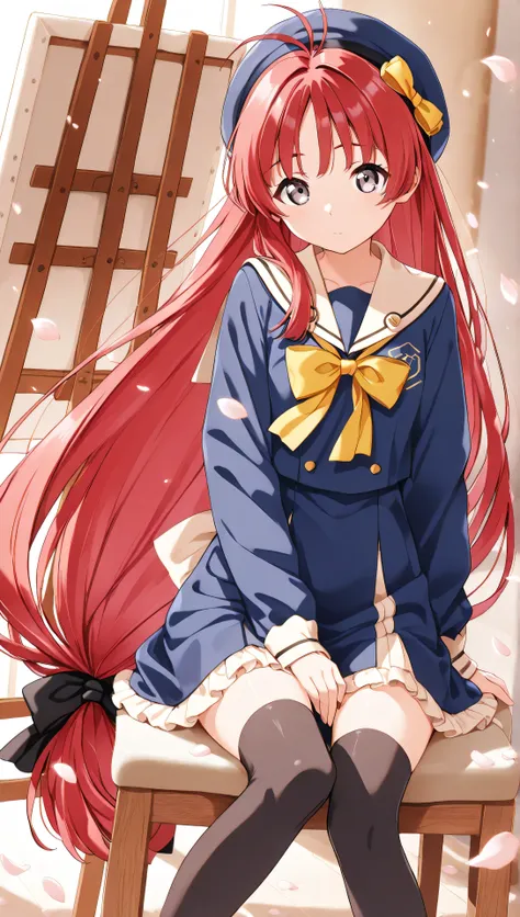 Watanabe Mingfu,, bokeh processing:1.3、art room、 riding an easel A landscape painting is drawn on the canvas、Woman sitting on a chair in front of a canvas, I have a brush in my hand、focused, petals effects、thighhighs, mainami _yuuki, grey eyes, red hair,...