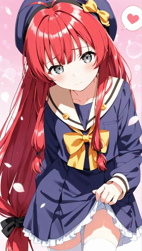 Watanabe Mingfu,from front, bokeh processing:1.3、 valentine、 pink background、 changing clothes、embarrassed, clothes lift、bashful, petals effects、spoken heart、from front、thighhighs, mainami _yuuki, grey eyes, red hair, long hair, very long hair, low-tied ...