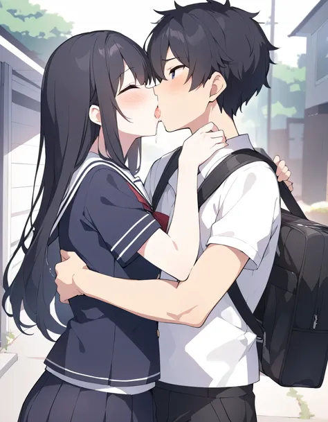 male middle school student、duo、男女duo、{{kiss face}}、{{kiss}}、、 school uniform、white cutter shirt、Black trousers、 black hair、black bag 、Kiss、 saliva 、coming out of mouth、 residential area、